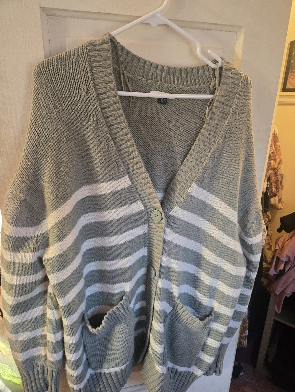 American Eagle Outfitters Sage Green and White Striped Button Cardigan